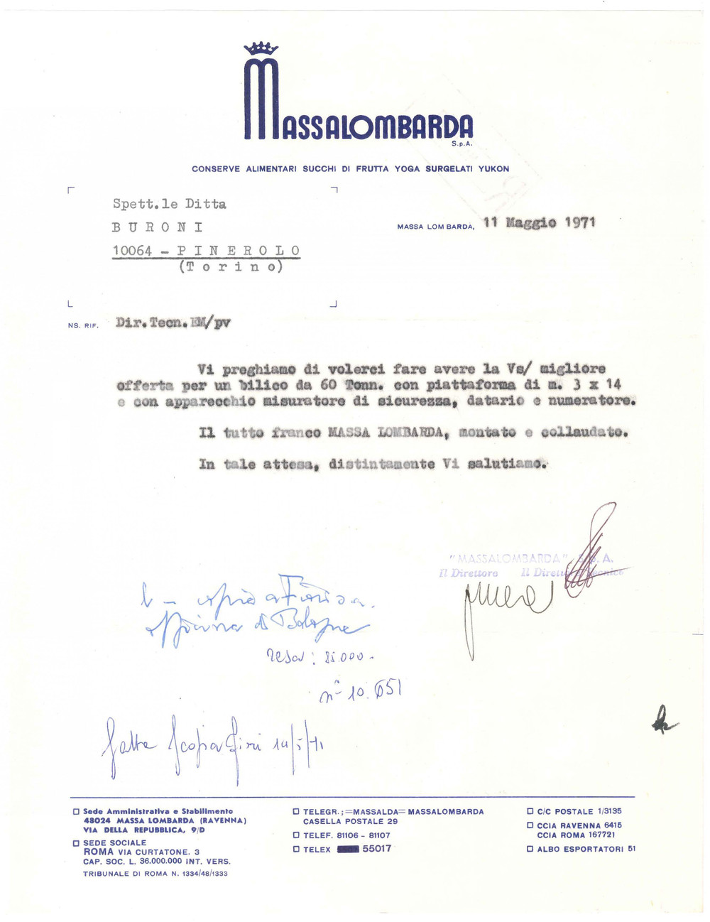 1971 MASSA LOMBARDA (RA) - MASSALOMBARDA S.p.A. Conserve alimentari - Lettera