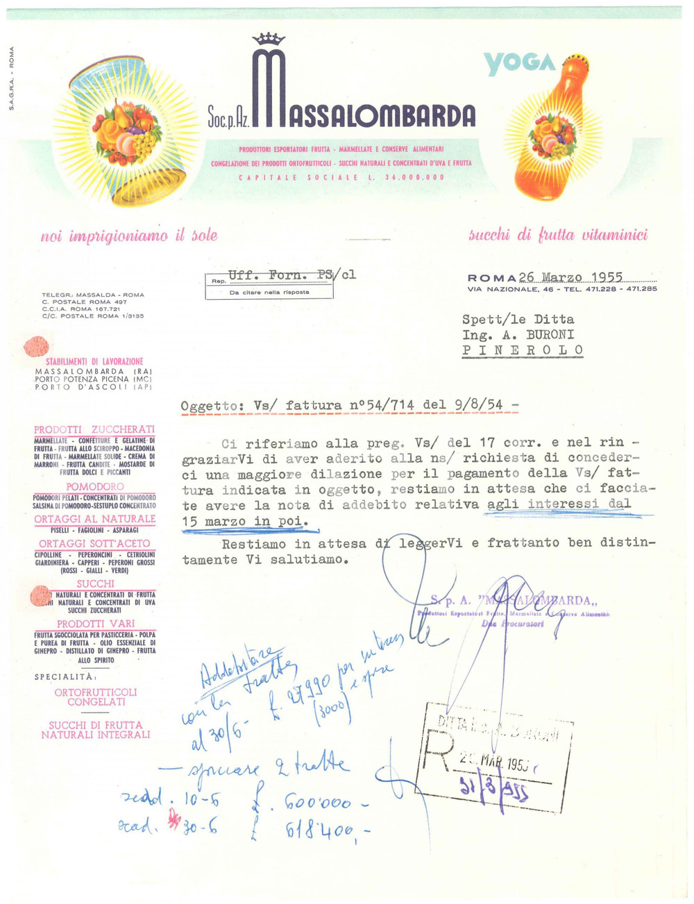 1955 ROMA Via Nazionale 46 MASSALOMBARDA S.p.A. YOGA Succhi di frutta - Lettera