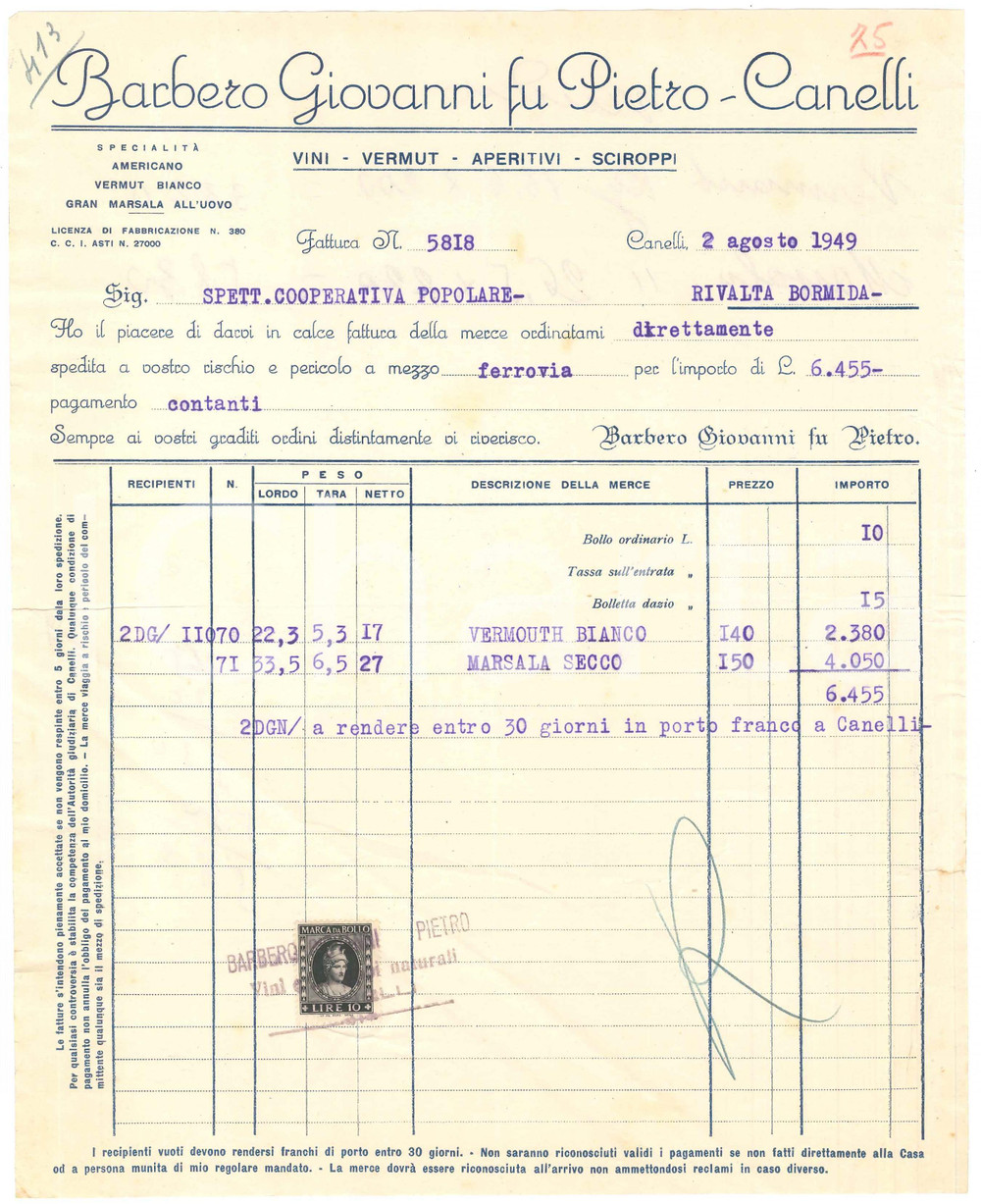 1949 CANELLI (AT) Giovanni BARBERO Fattura intestata per marsala e vermouth