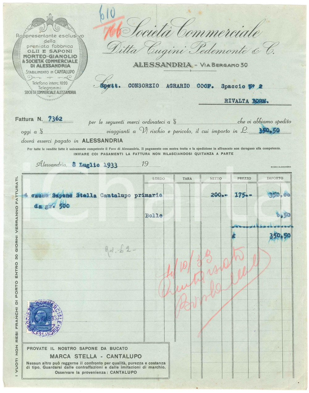 1933 ALESSANDRIA via Bergamo - Ditta Cugini PEDEMONTE - Fattura sapone STELLA