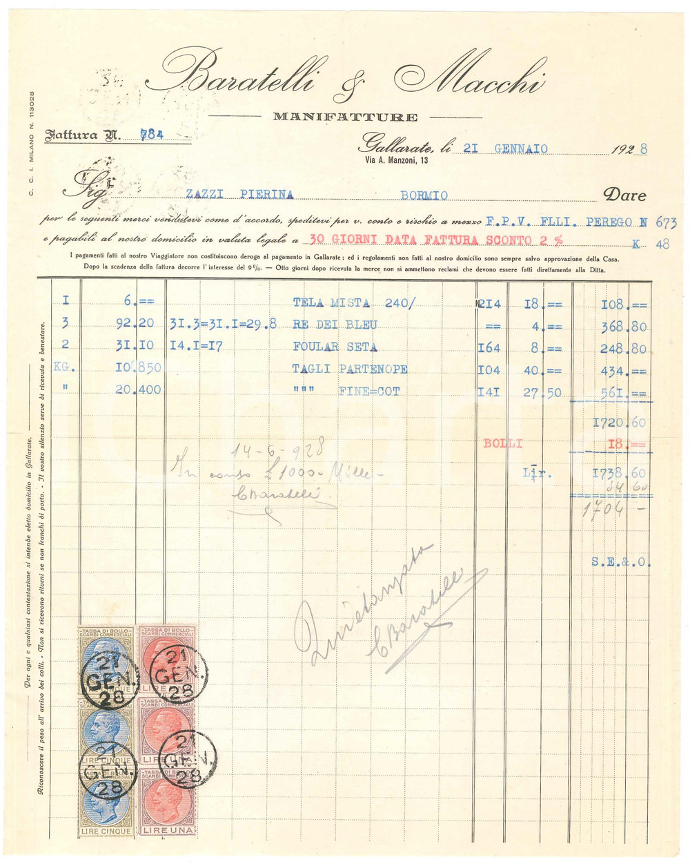 1928 GALLARATE (VA) - BARATELLI & MACCHI Manifatture - Fattura commerciale (1)
