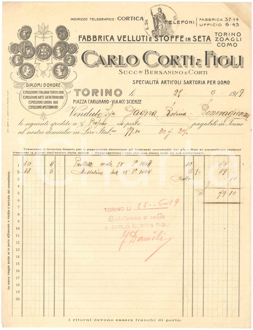 1919 TORINO Piazza Carignano - Carlo CORTI & Figli Velluti e stoffe - Fattura