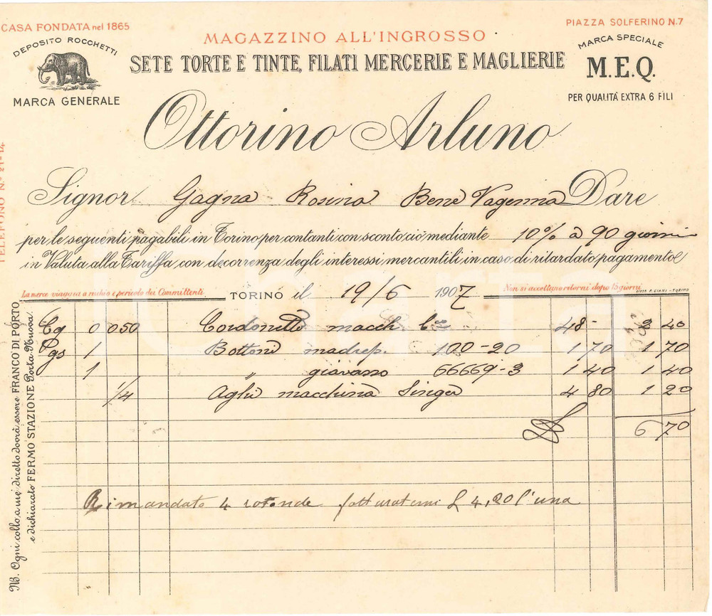 1907 TORINO Piazza Solferino 7 - Ottorino ARLUNO Mercerie Maglierie ^Fattura