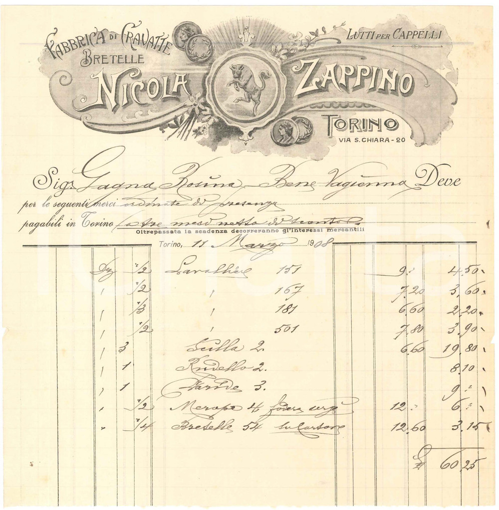 1908 TORINO Via S. Chiara 20 - Nicola ZAPPINO Fabbrica di cravatte - Fattura