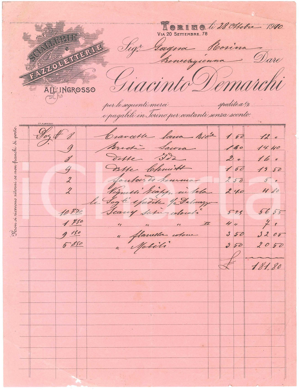 1910 TORINO via XX Settembre 78 - Giacinto DEMARCHI Fazzoletterie *Fattura Fattura commerciale d'epoca manoscritta, su carta intestata.Torino, Via 20 Settembre n. 78. PAGINE: 1 POOR/danneggiato piegature d'epoca; mancanze al lato inferiore e piccolo foro al lato superiore Formato: 22x19 cm originale e autentica 1