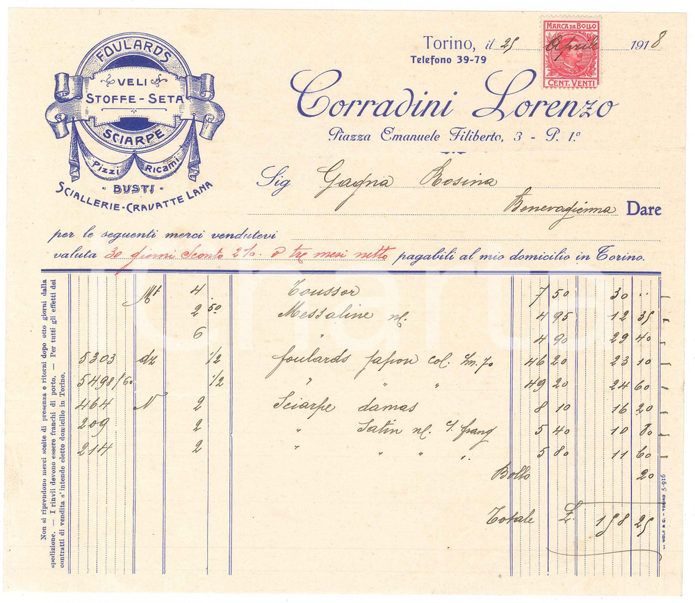 1918 TORINO Piazza Emanuele Filiberto 3 - Lorenzo CORRADINI Foulard - Fattura Fattura commerciale d'epoca manoscritta, su carta intestata.Presente marca da bollo.PAGINE: 1 FAIR/discreto piegature d'epoca Formato: 22x19 cm originale e autentica 1