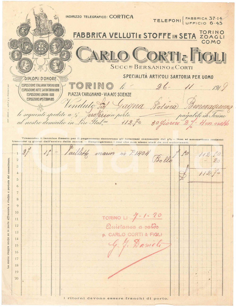 1919 TORINO  Carlo CORTI & Figli Fabbrica stoffe - Fattura paillette Fattura commerciale d'epoca manoscritta, su carta intestata.Torino, Piazza Carignano - Via Accademia delle Scienze.PAGINE: 1 FAIR/discreto piegature d'epoca; piccoli fori da spillatura; gualciture Formato: 22x29 cm originale e autentica 1