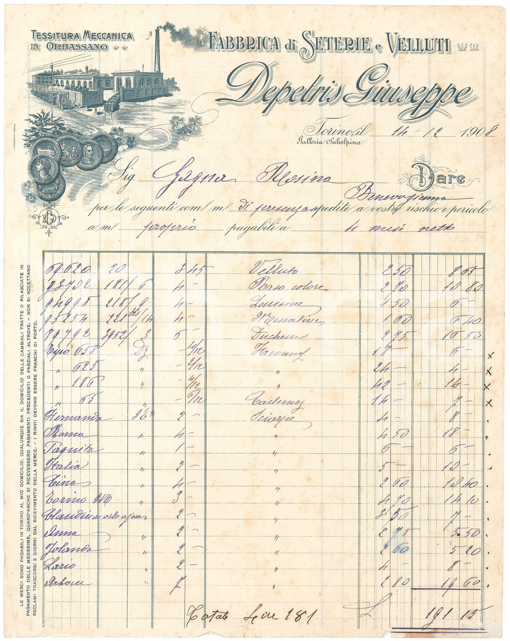 Documento originale, autentico 1908 TORINO Galleria Subalpina  Giuseppe DEPETRIS  Fabbrica seterie  Fattura 1