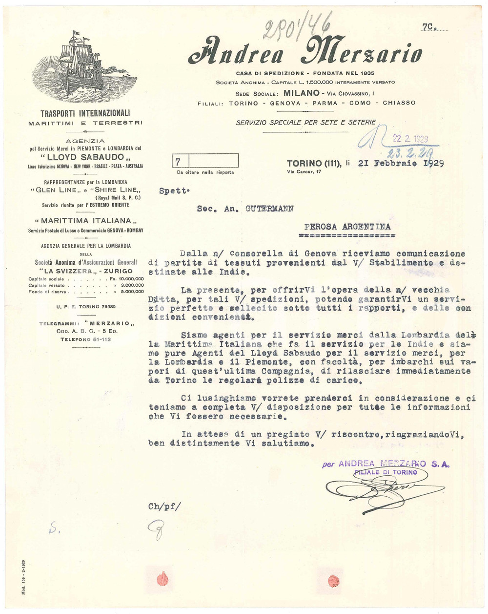 1929 TORINO Via Cavour 17 - Andrea MERZARIO Trasporti *Lettera tessuti per Indie Lettera commerciale d'epoca dattiloscritta, su carta intestata.PAGINE: 1 POOR/danneggiato piegature d'epoca; fori da classificatore al lato inferiore Formato: 22x29 cm originale e autentica 1
