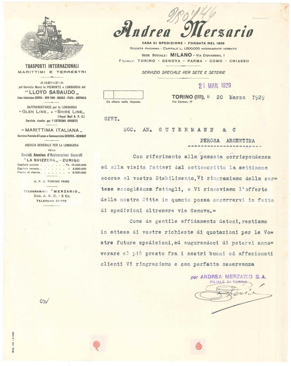 1929 TORINO Via Cavour 17 - Andrea MERZARIO Trasporti *Lettera commerciale