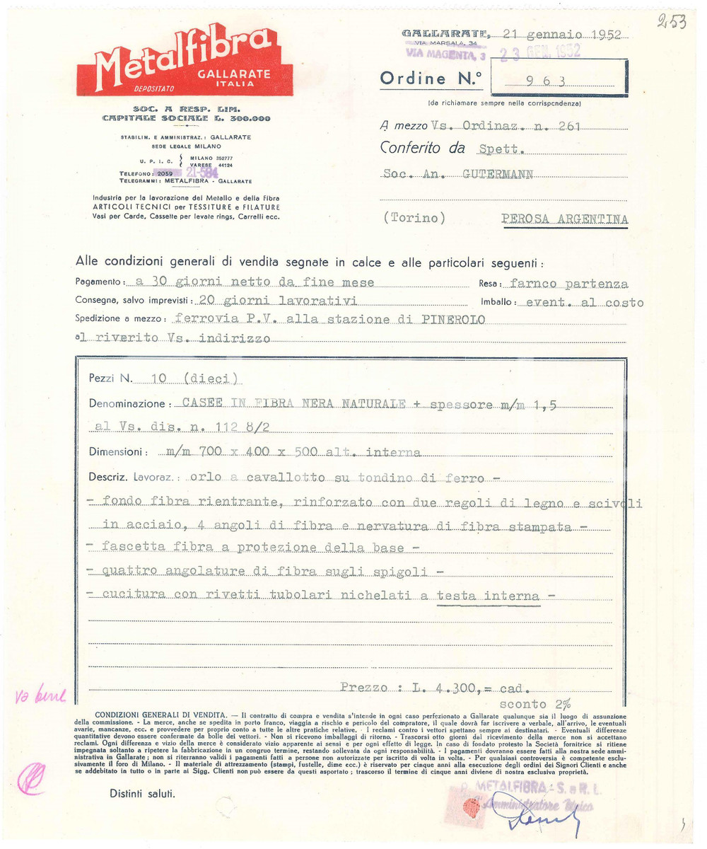 1952 GALLARATE (VA) METALFIBRA Lavorazione metalli - Preventivo Preventivo dattiloscritto, su carta intestata.  FAIR/discreto piegatura centrale d'epoca  originale e autentica 1