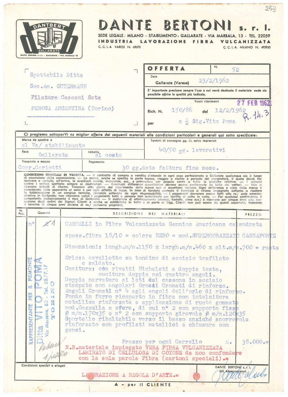 1962 GALLARATE (VA) - Dante BERTONI s.r.l. Fibra vulcanizzata - Preventivo