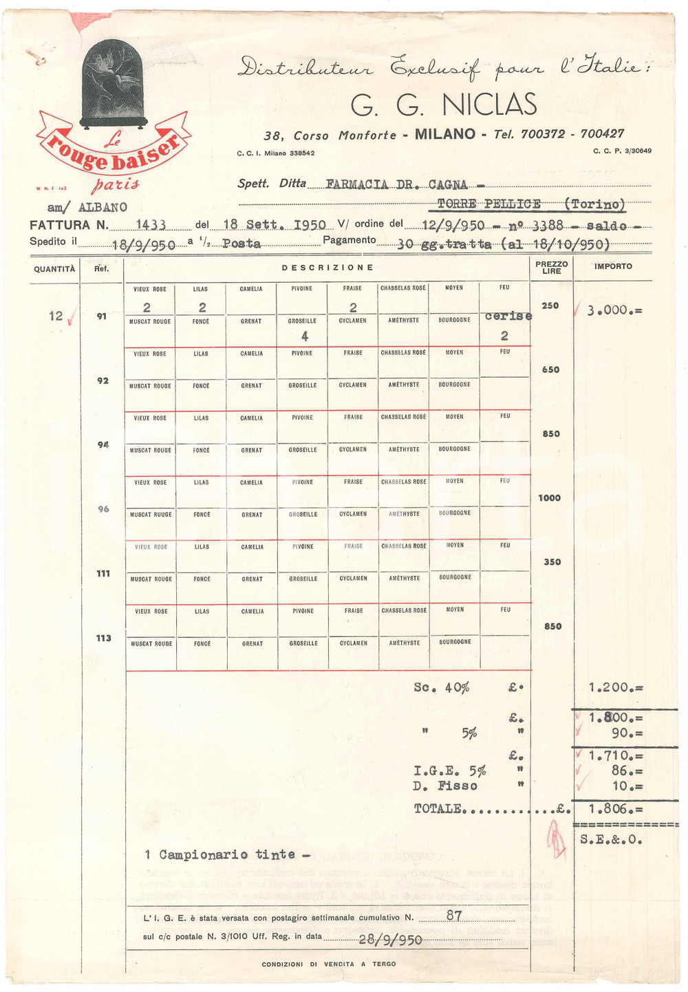 1950 MILANO Corso Monforte 38 - G. G. NICLAS Distributore ROUGE BAISER - Fattura
