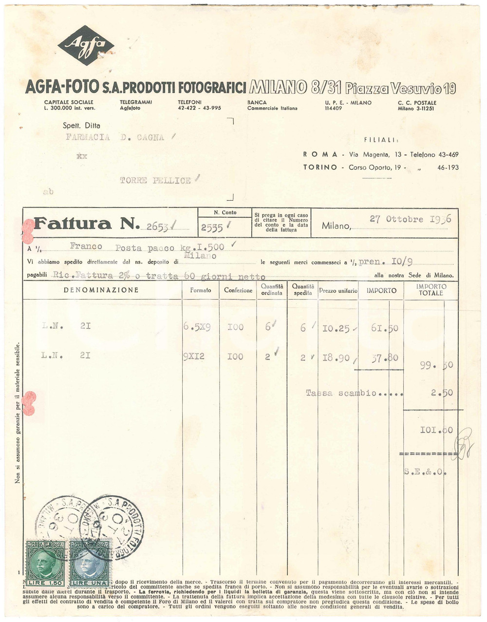 1936 MILANO Piazza Vesuvio 19 AGFA-FOTO S.A. Prodotti fotografici - Fattura