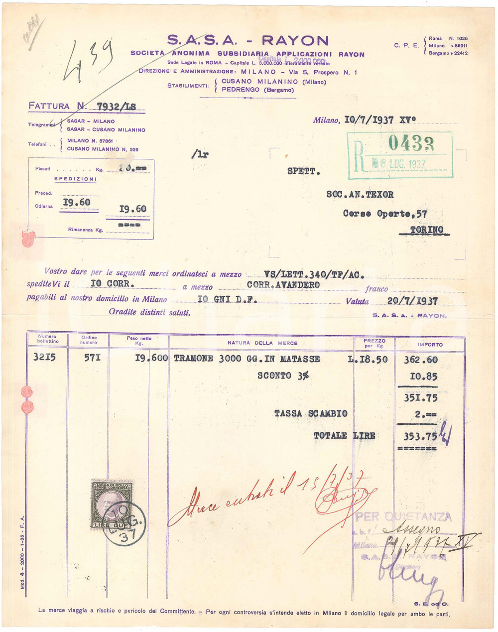 1937 MILANO Via S. Prospero S.A.S.A. Società Anonima Applicazioni RAYON *Fattura