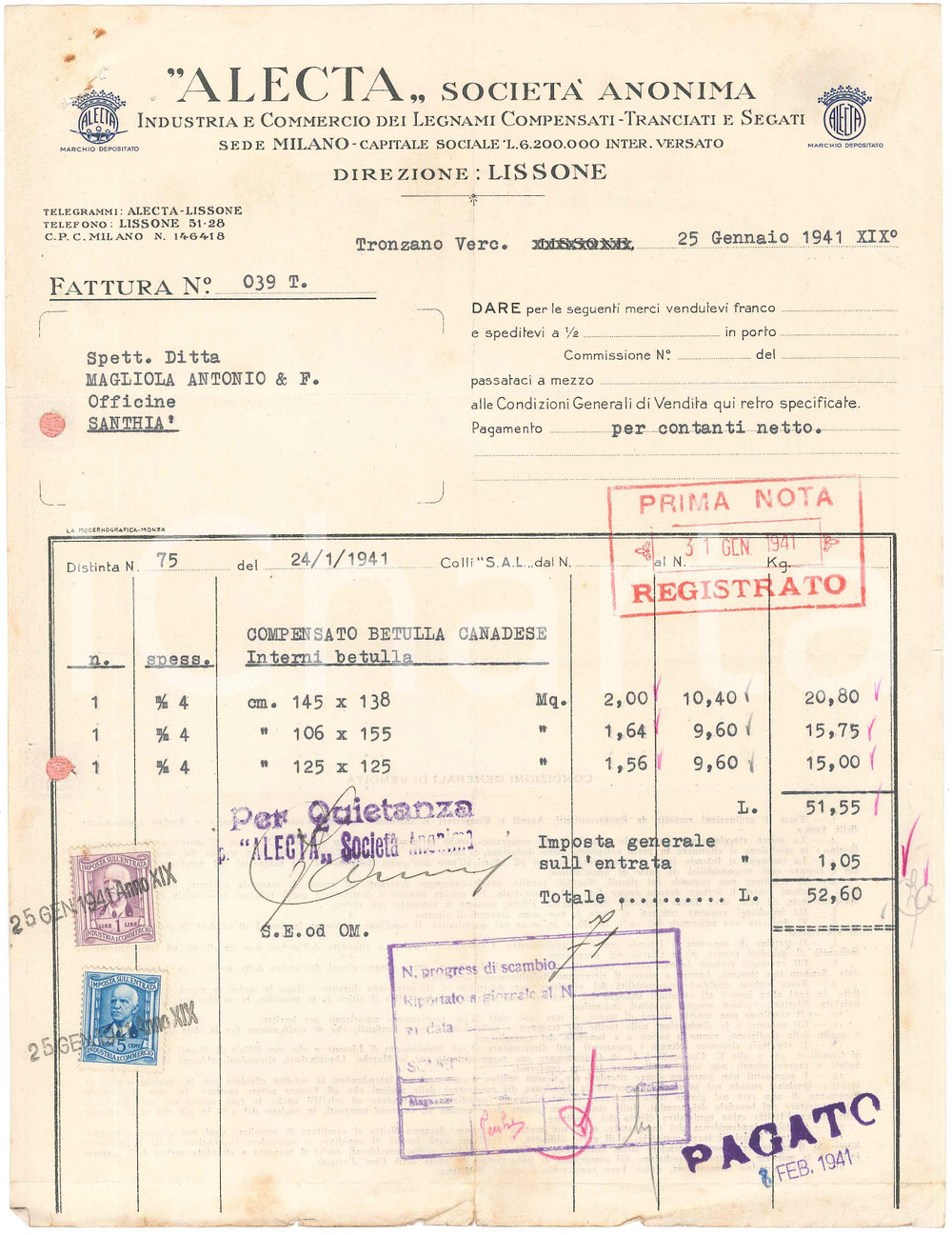 1941 TRONZANO VERCELLESE (VC) ALECTA Società Anonima Legnami compensati *Fattura