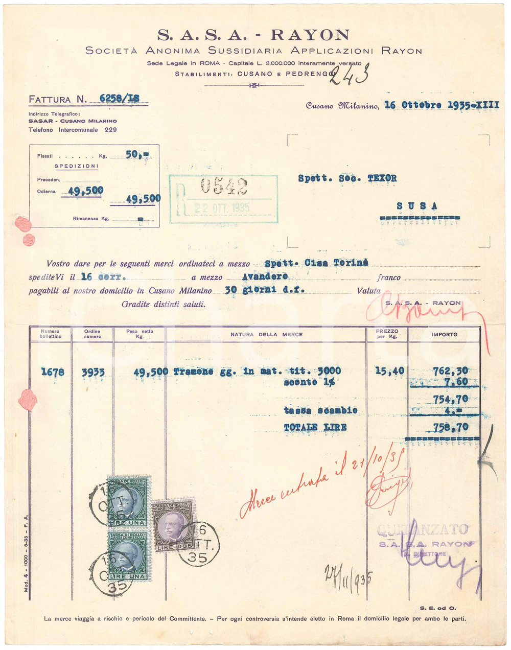 1935 CUSANO MILANINO (MI) S.A.S.A. Società Anonima Applicazioni RAYON - Fattura