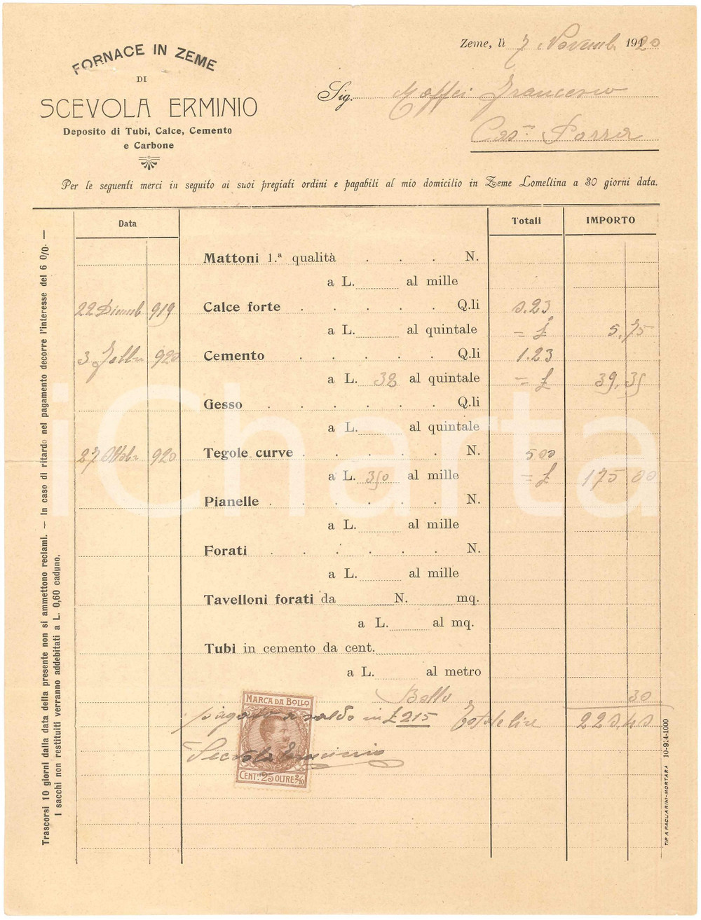 1920 ZEME (PV) - Fornace in Zeme di Erminio SCEVOLA - Fattura commerciale