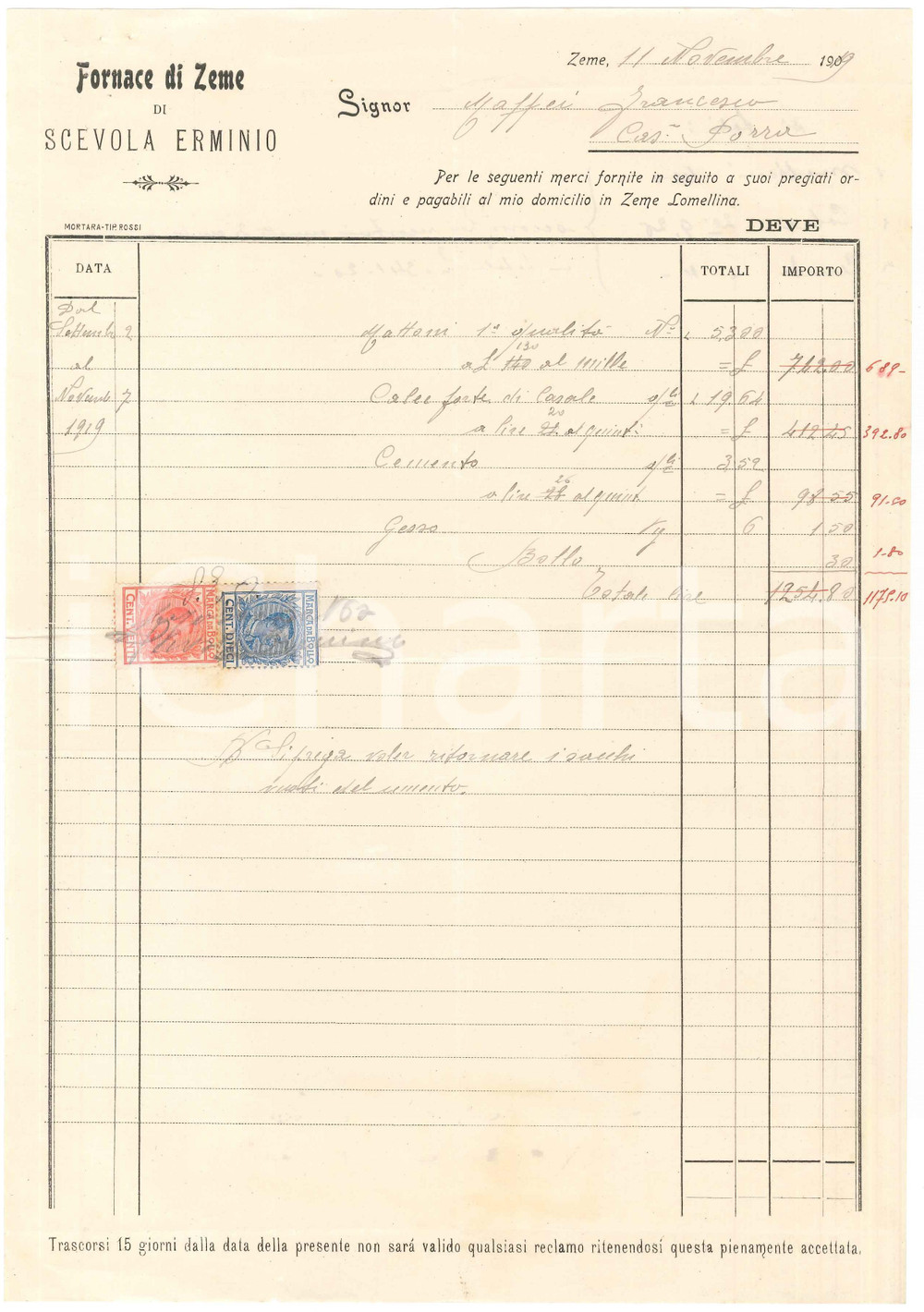 1919 ZEME (PV) - Fornace di Zeme di Erminio SCEVOLA - Fattura commerciale