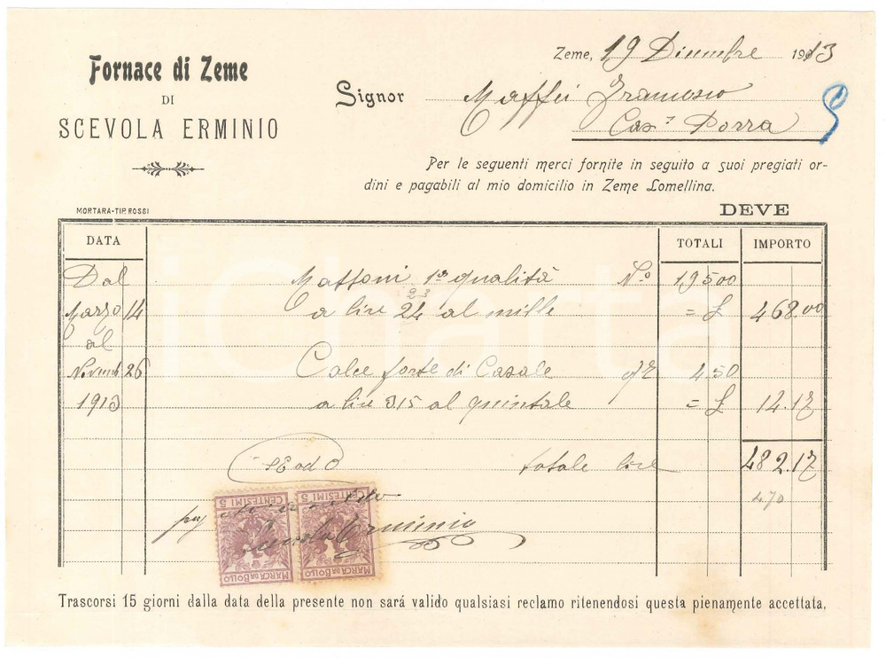 1913 ZEME (PV) - Fornace di Zeme di Erminio SCEVOLA - Fattura commerciale