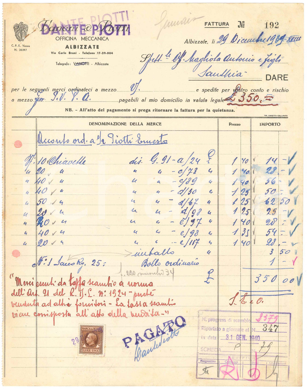 1939 ALBIZZATE (VA) - VANONI & PIOTTI Officina meccanica - Fattura (1)