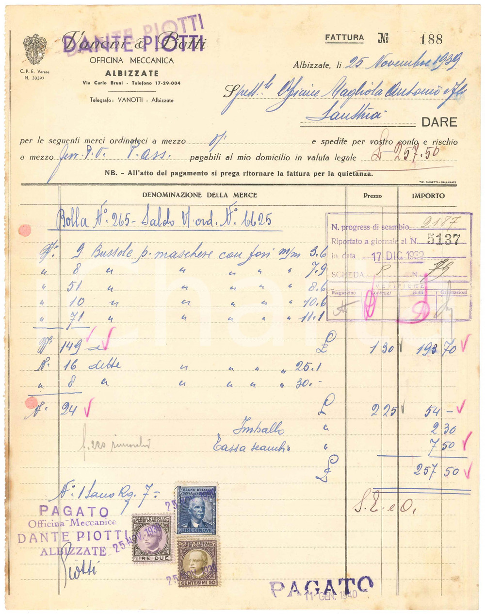 1939 ALBIZZATE (VA) - VANONI & PIOTTI Officina meccanica - Fattura (2)