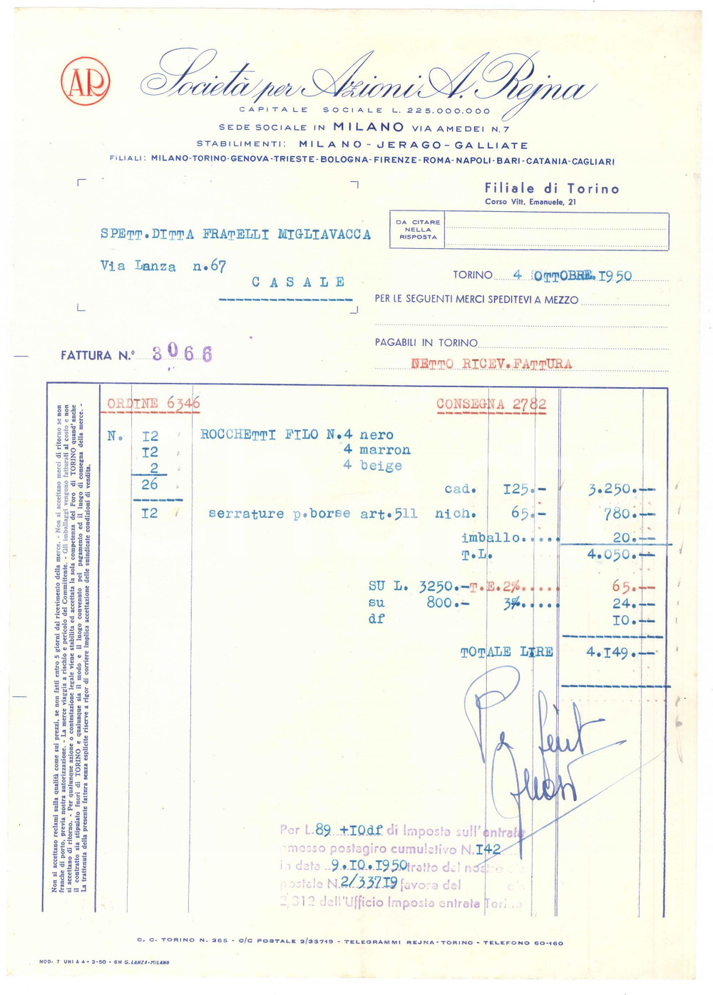 1950 TORINO Corso Vittorio Emanuele 21 - Società per Azioni A. REJNA - Fattura