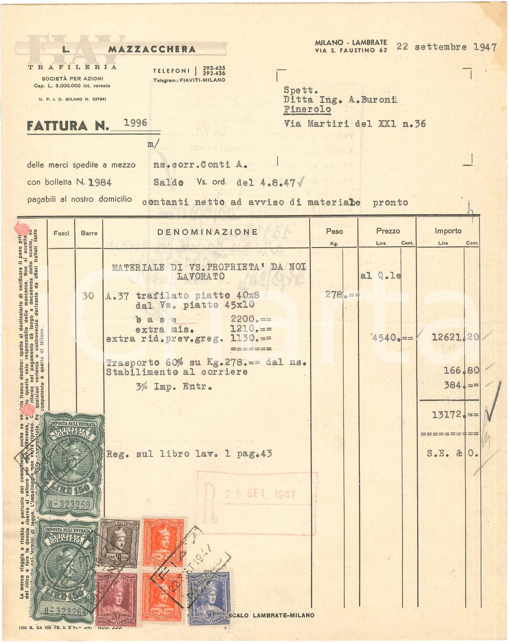 1947 MILANO LAMBRATE Via S. Faustino - FIAV L. MAZZACCHERA Trafileria - Fattura