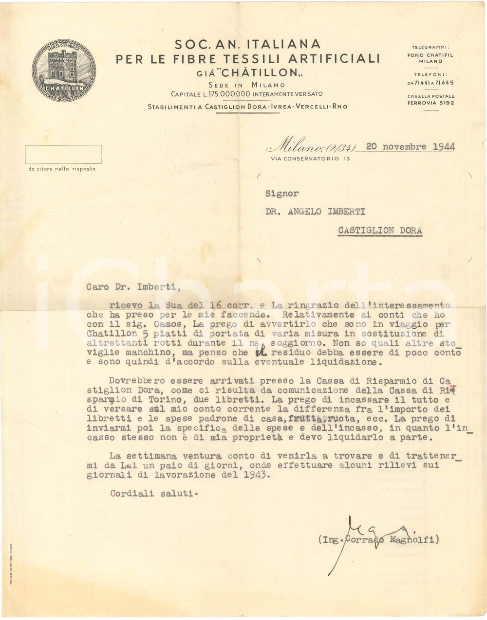 1944 MILANO Via Conservatorio - S. A. le fibre tessili già CHÂTILLON - Lettera
