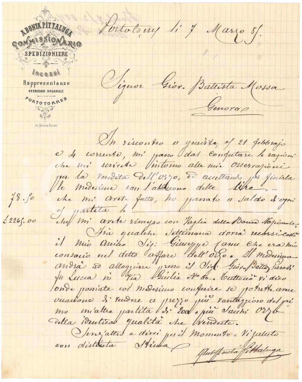 1885 SARDEGNA PORTO TORRES Lettera Antonio BONTA' PITTALUGA per vendita di orzo