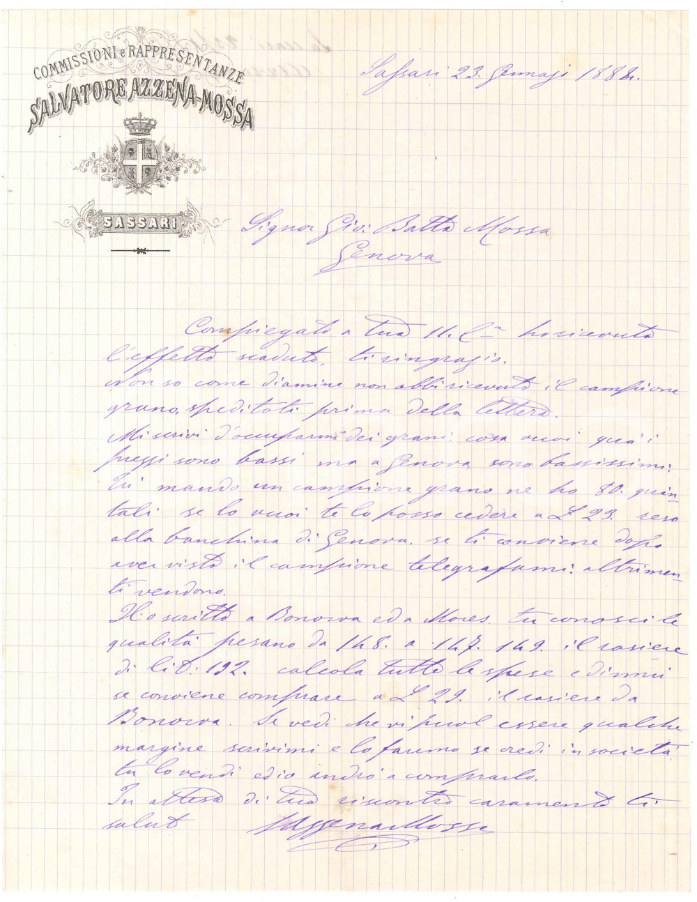 1884 SARDEGNA SASSARI Lettera Salvatore AZZENA-MOSSA sui prezzi bassi del grano