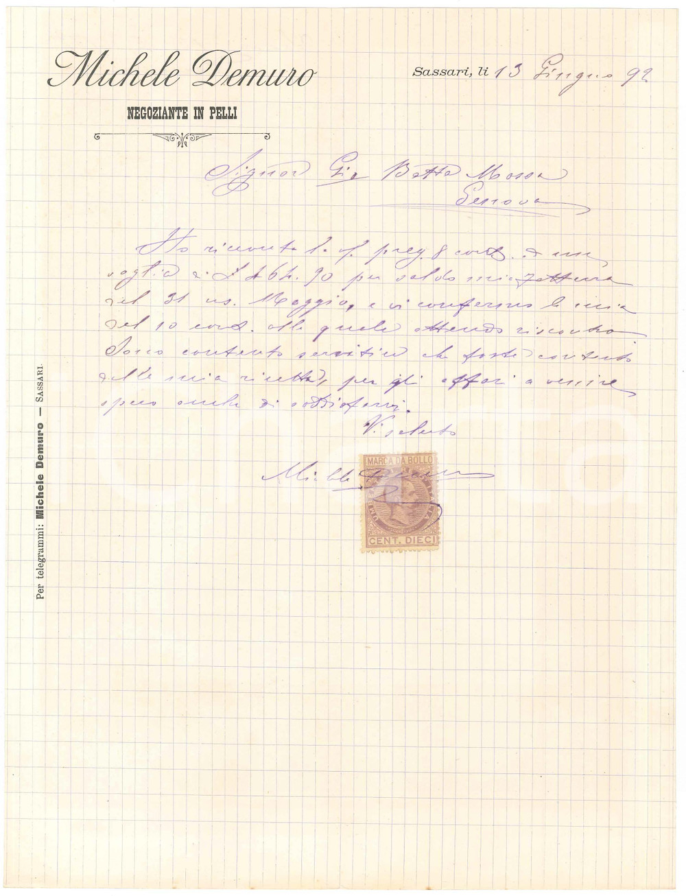 1892 SARDEGNA SASSARI Lettera Michele DEMURO negoziante in pelli per saldo