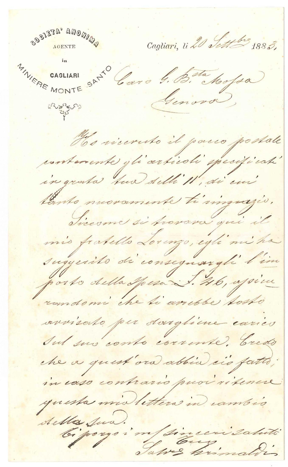1883 CAGLIARI Società Miniere in MONTE SANTO - Lettera Salvatore GRIMALDI