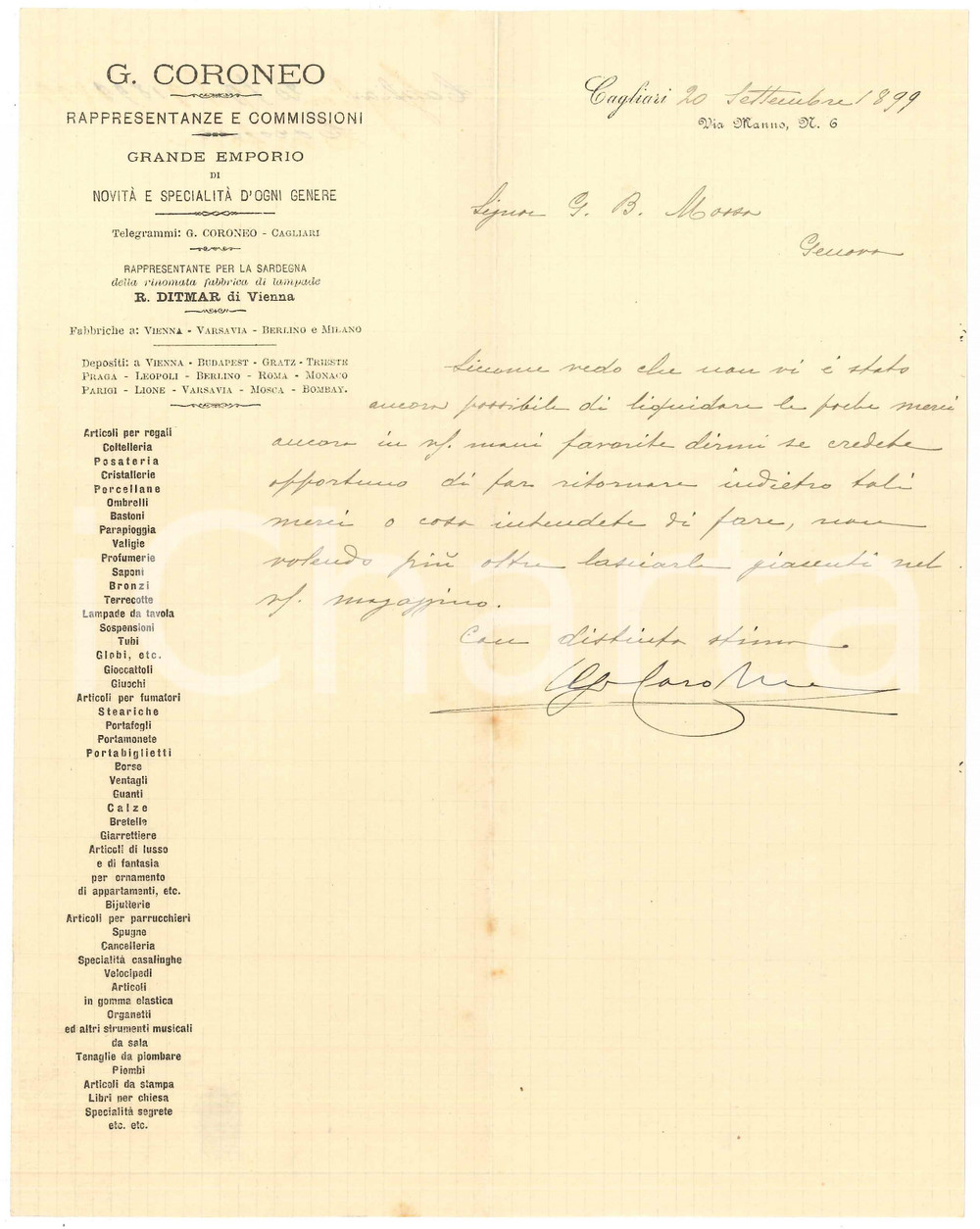 1899 SARDEGNA CAGLIARI Lettera emporio G. CORONEO  per saldo merci