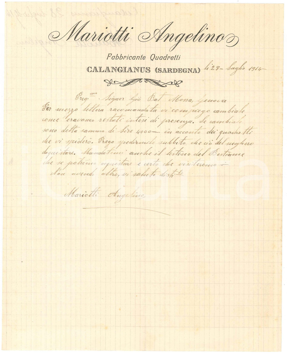 1914 SARDEGNA CALANGIANUS Lettera Angelino MARIOTTI per sughero e bestiame