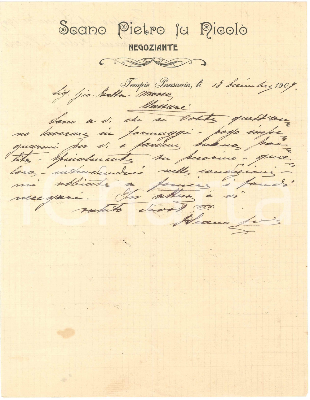 1907 SARDEGNA TEMPIO PAUSANIA Lettera Pietro SCANO per partita formaggi