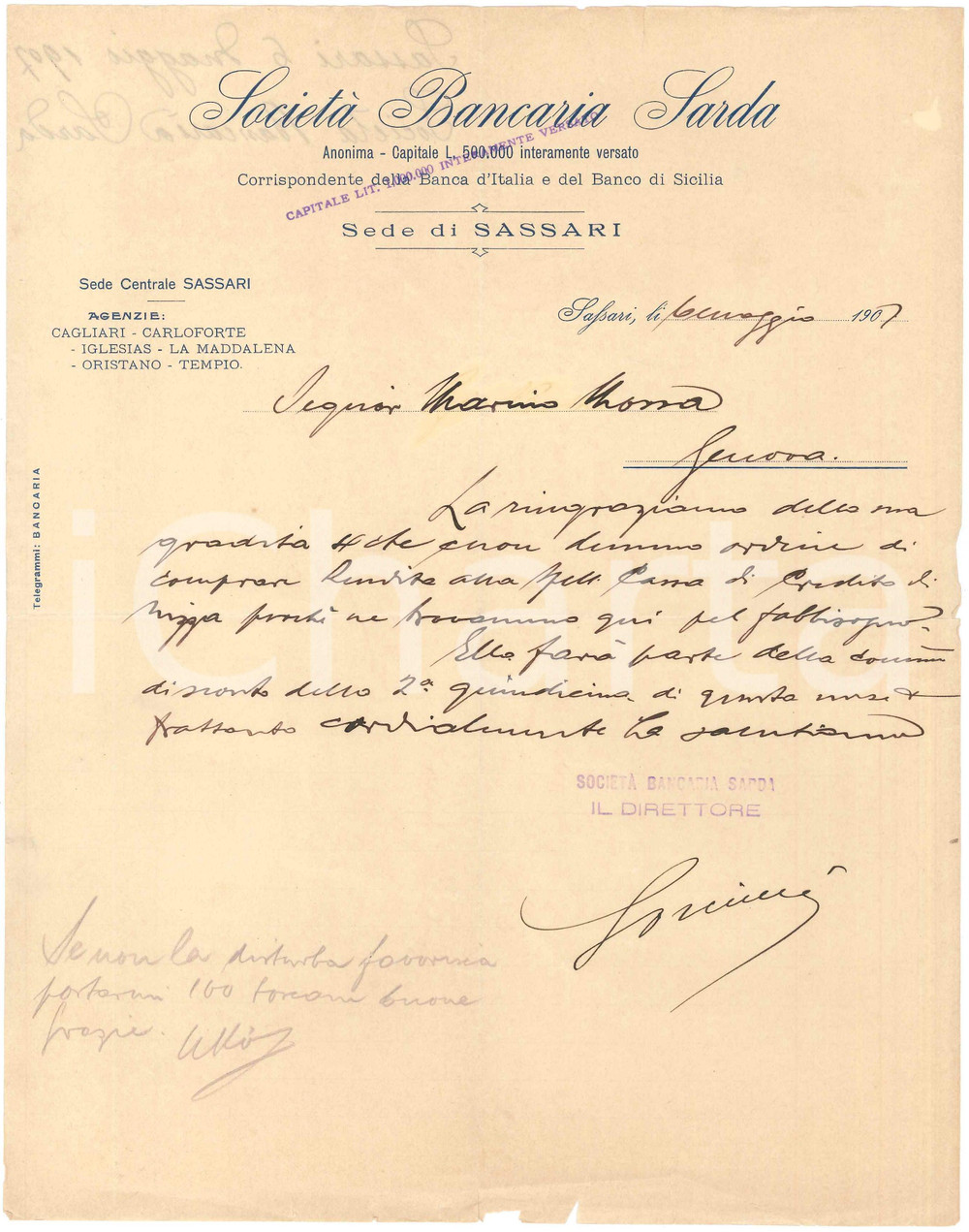 1907 SASSARI Società Bancaria Sarda - Lettera commerciale