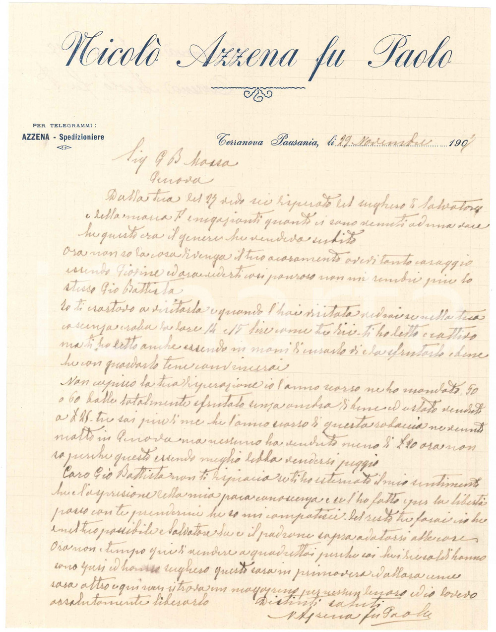 1903 SARDEGNA OLBIA Lettera Nicolò AZZENA- MOSSA per invio di sughero