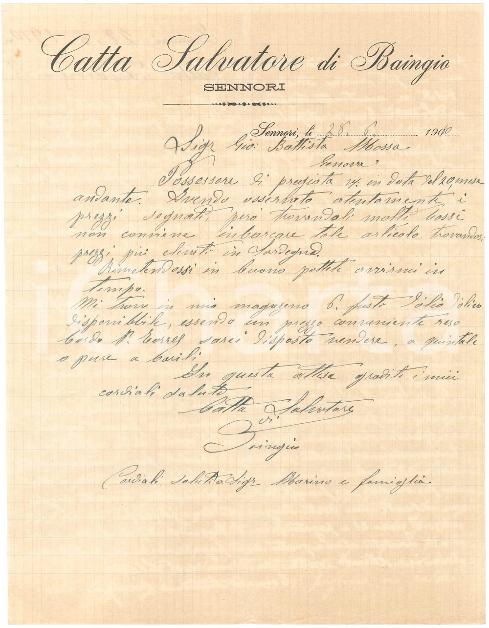 1910 SARDEGNA SENNORI Lettera Salvatore CATTA di Baingio per spedizione olio