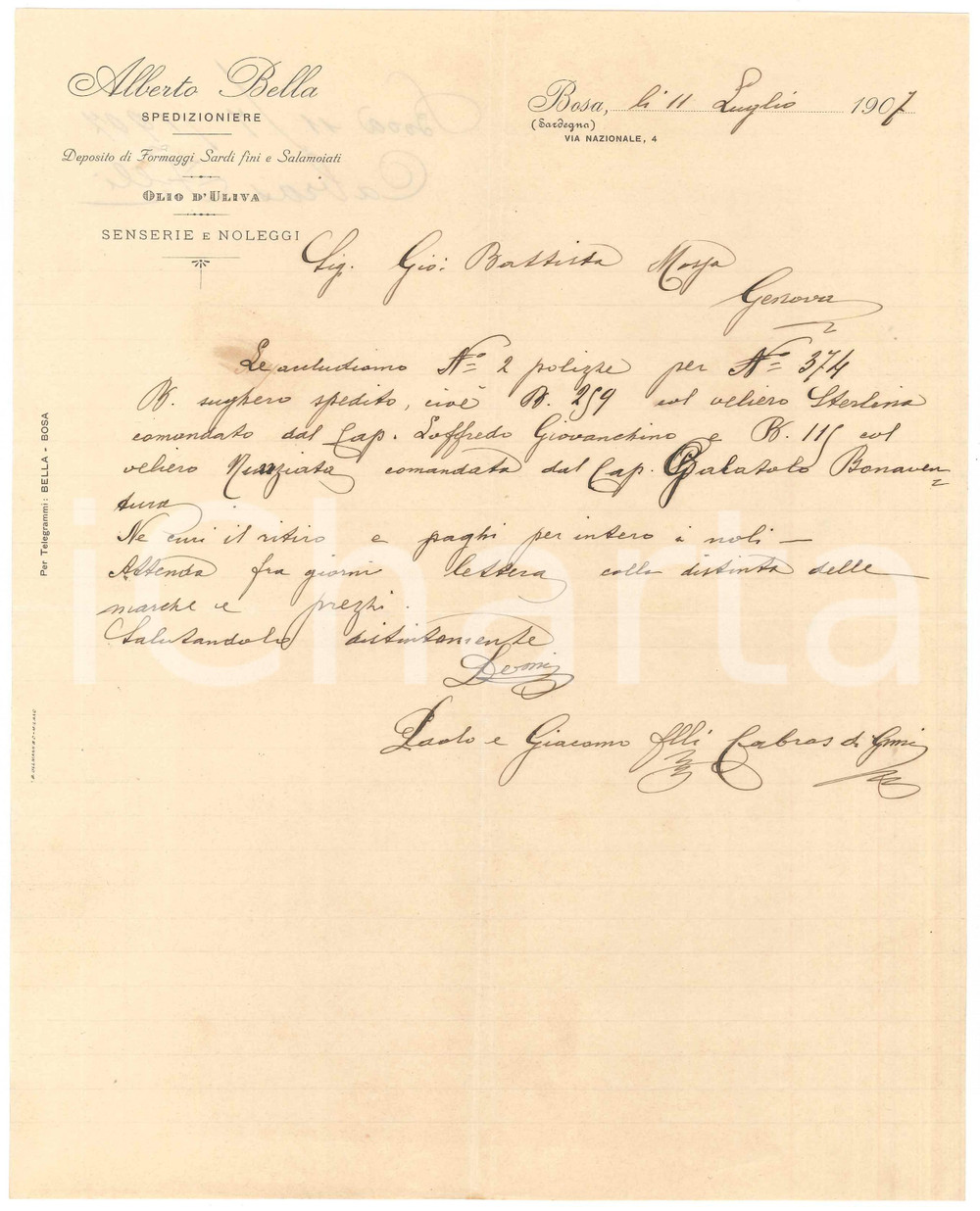 1907 SARDEGNA BOSA (NU) Lettera Alberto BELLA per spedizione sughero con veliero