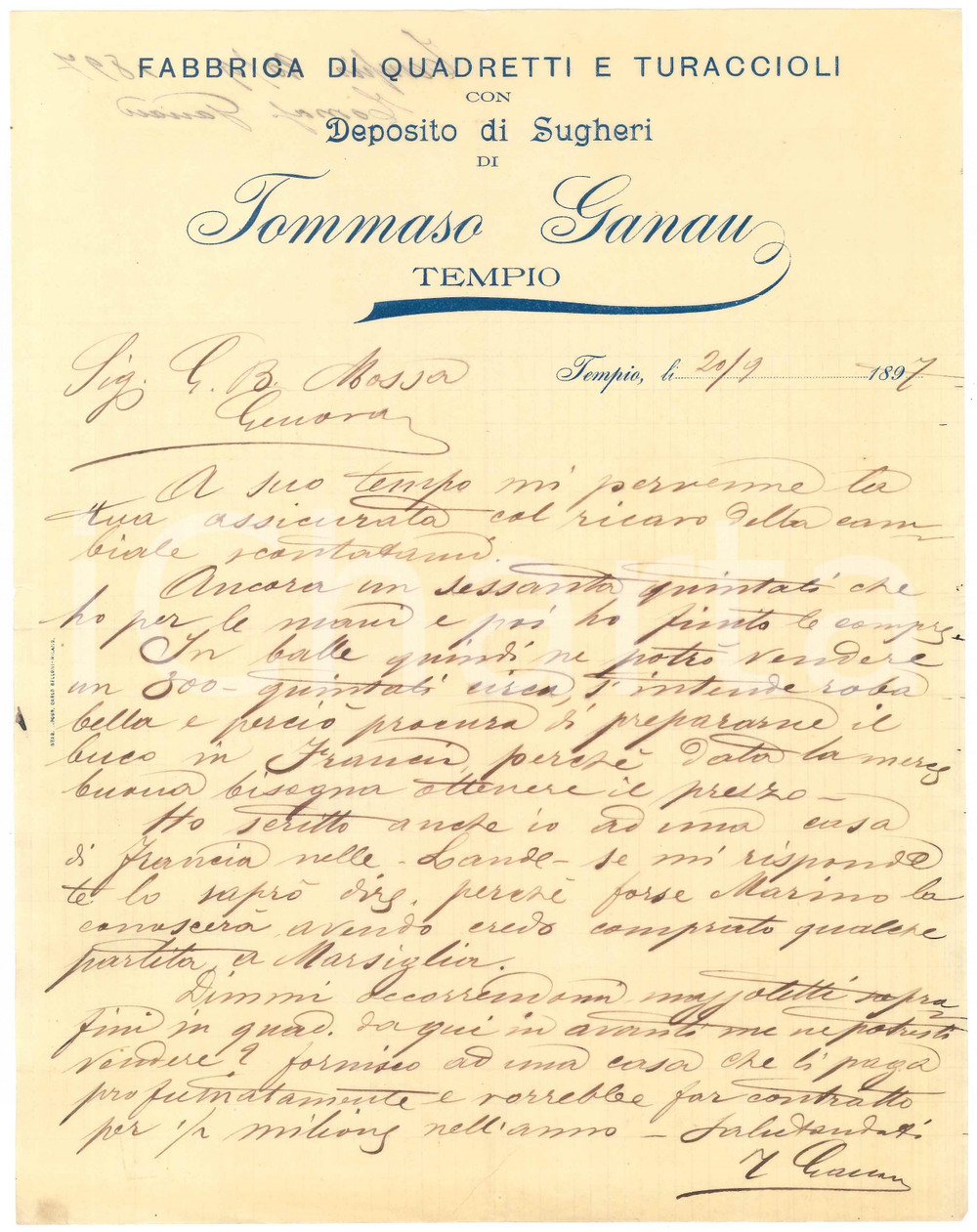 1897 TEMPIO PAUSANIA (SS) - Tommaso GANAU - Deposito sugheri - Lettera