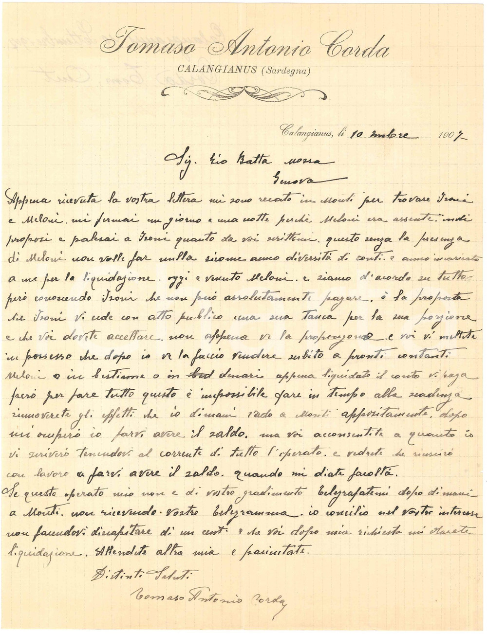 1907 SARDEGNA CALANGIANUS Tomaso Antonio CORDA - Lettera per cessione tanca