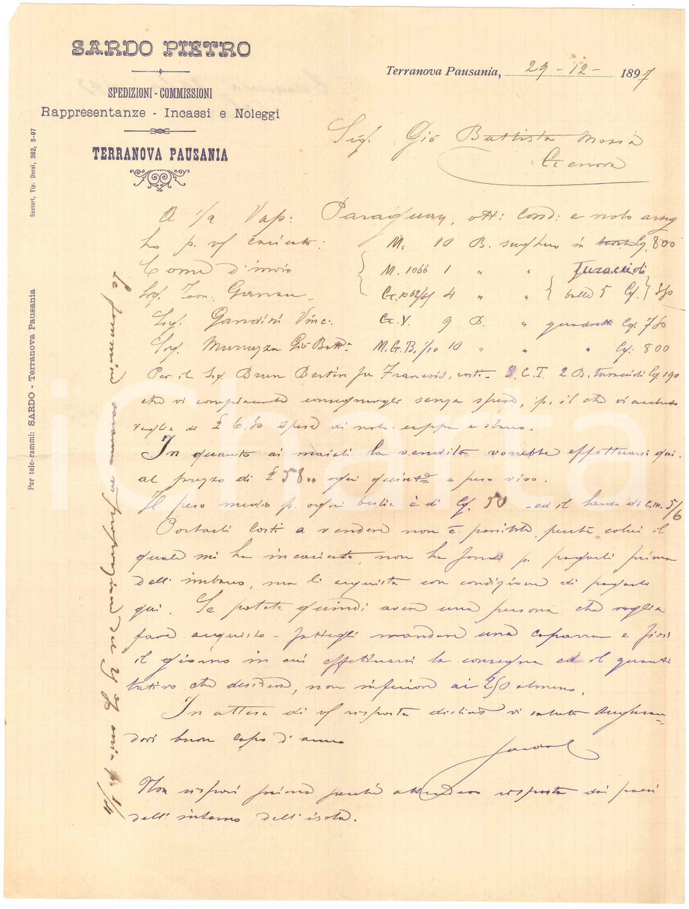 1897 SARDEGNA OLBIA Lettera Pietro SARDO per vendita di sughero