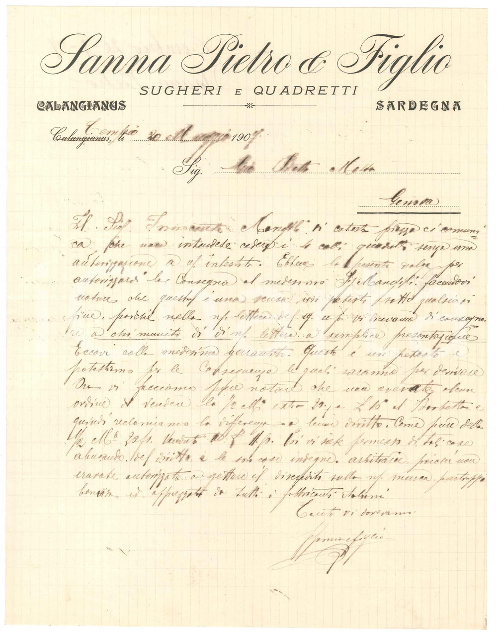 1907 SARDEGNA CALANGIANUS Lettera Pietro SANNA & Figlio vendita sugheri