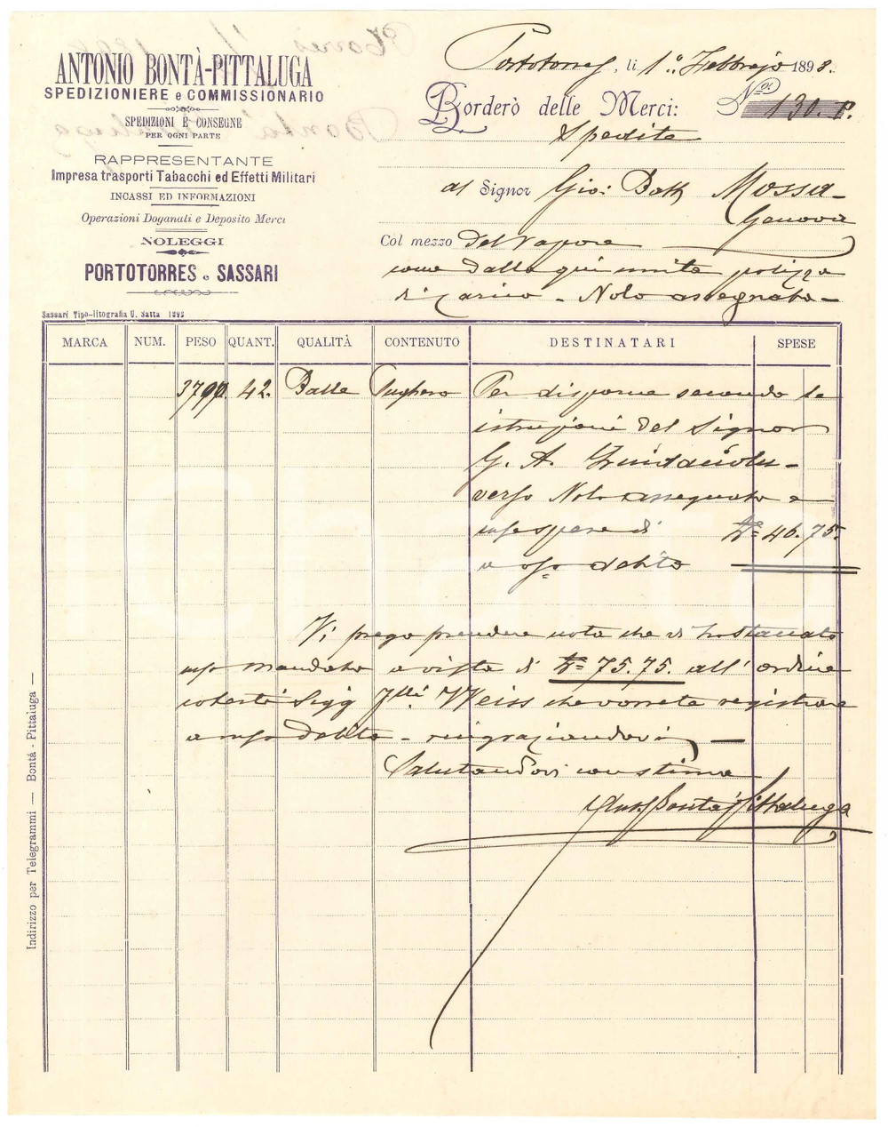 1898 SARDEGNA PORTO TORRES Antonio BONTA' PITTALUGA Borderò spedizione sughero