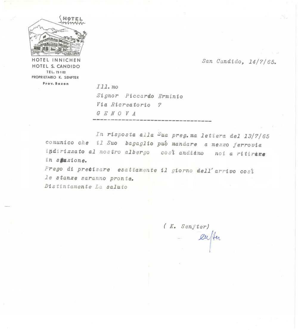 Documento originale, autentico 1965 SAN CANDIDO BZ  HOTEL SAN CANDIDO  Lettera commerciale 1