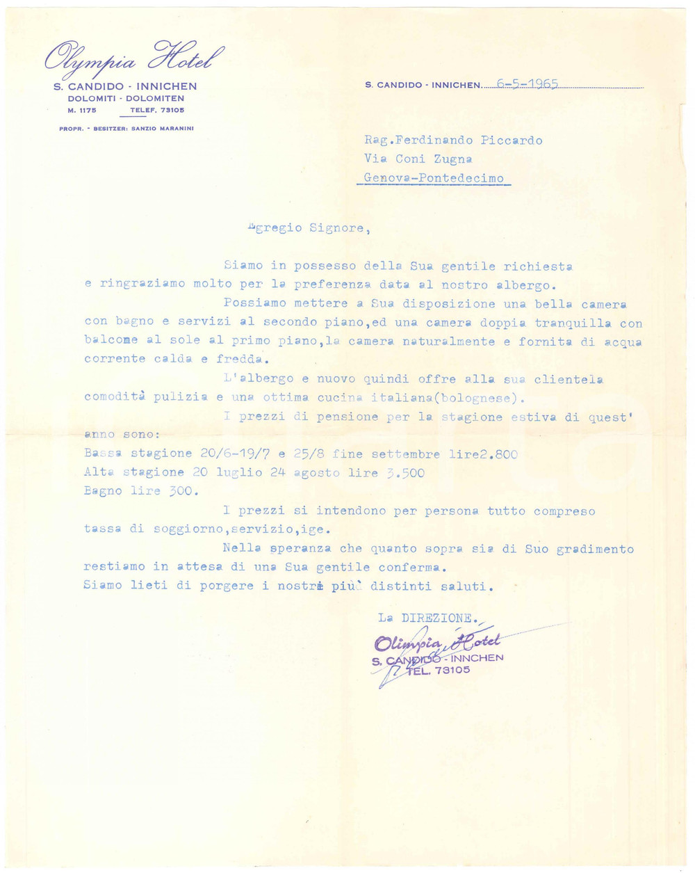 1965 SAN CANDIDO (BZ) - OLYMPIA HOTEL - Lettera commerciale per pernottamento Lettera commerciale d'epoca dattiloscritta, su carta intestata.PAGINE: 1 FAIR/discreto piegature d'epoca; piccolo foro al lato sinistro; minimo strappo al lato destro Formato: 23x29 cm originale e autentica 1