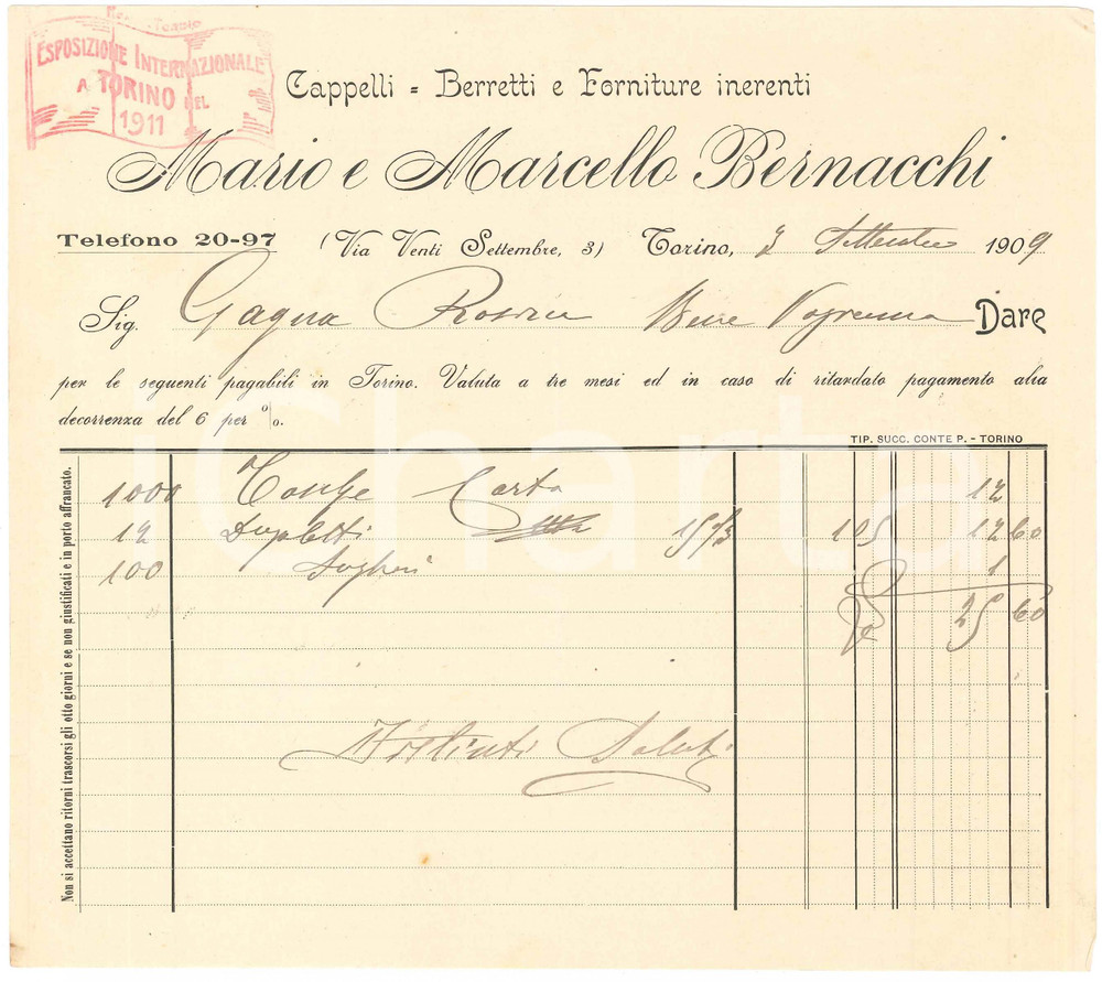 Documento originale, autentico 1909 TORINO Via XX Settembre  Mario e Marcello BERNACCHI Cappelli  Fattura 1 1