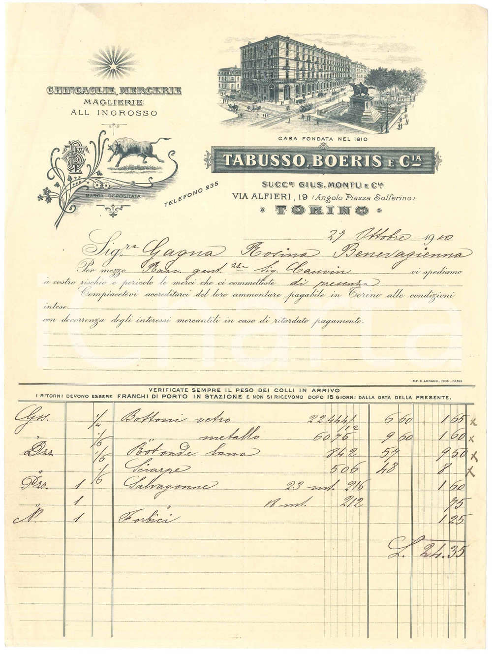 1910 TORINO Via Alfieri 19 - TABUSSO BOERIS e C.ia Chincaglie Mercerie - Fattura