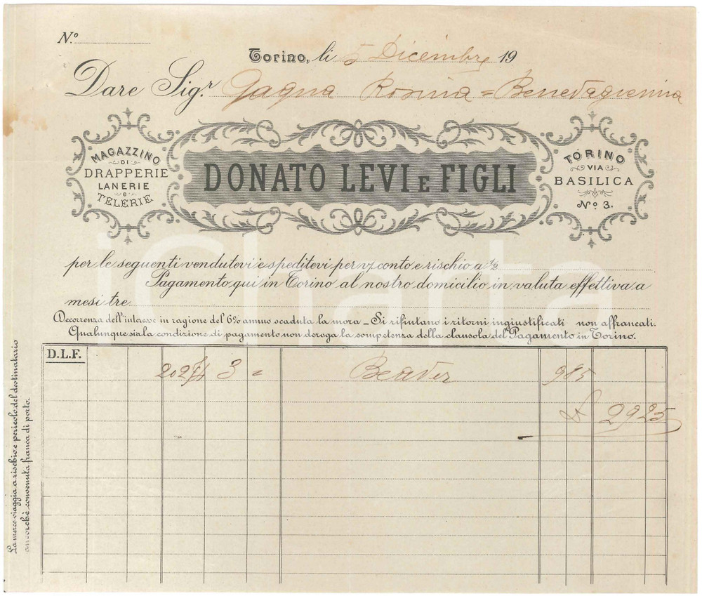 1900 ca TORINO Via Basilica 3 - Donato LEVI e Figli - Fattura per tessuto Beaver Fattura commerciale d'epoca manoscritta, su carta intestata.PAGINE: 1 POOR/danneggiato piegature d'epoca; piccoli fori da spillatura; minime macchie al lato superiore Formato: 22x19 cm originale e autentica 1